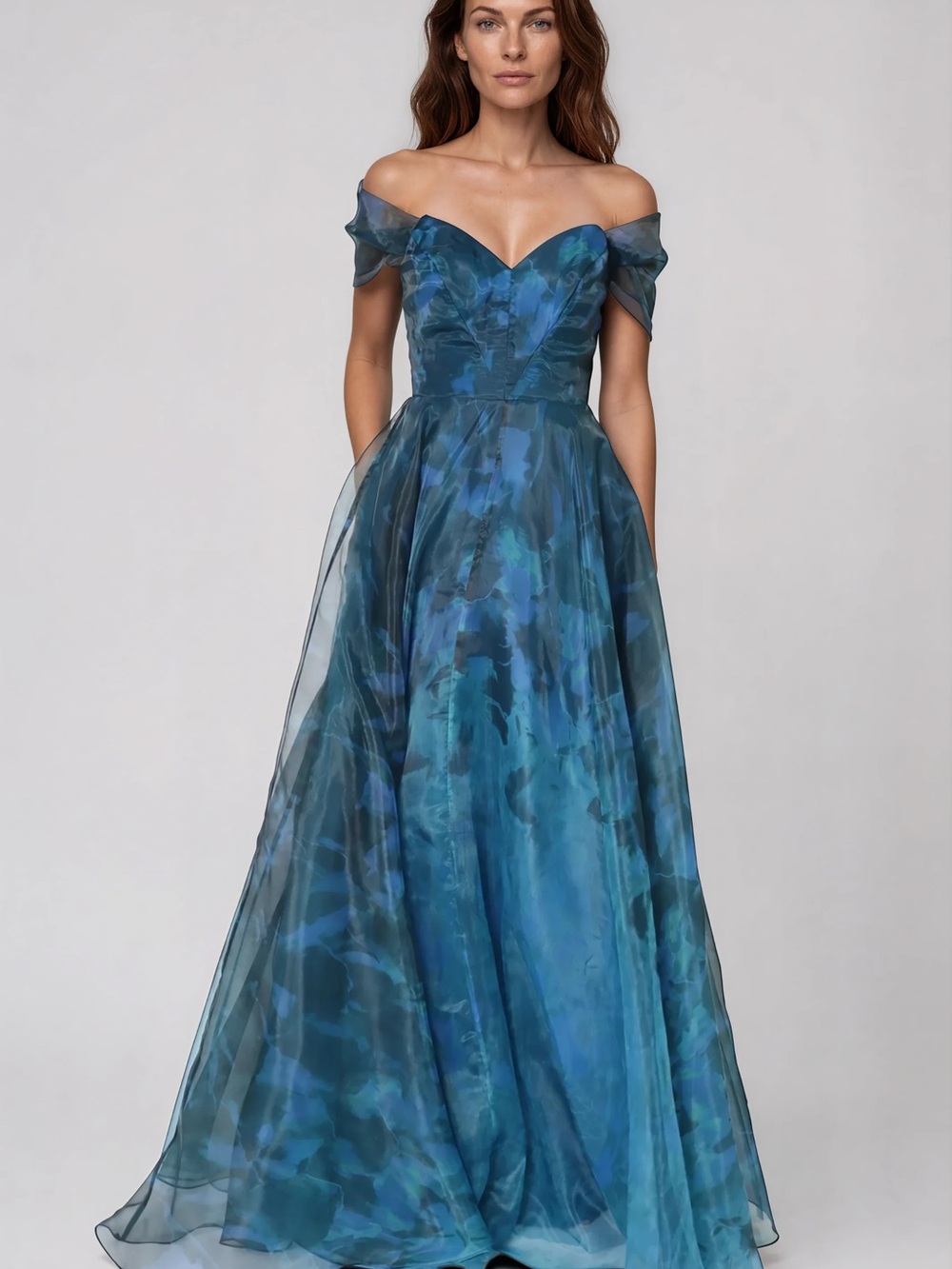 Rene Ruiz One-Shoulder Blue Floral Evening Gown